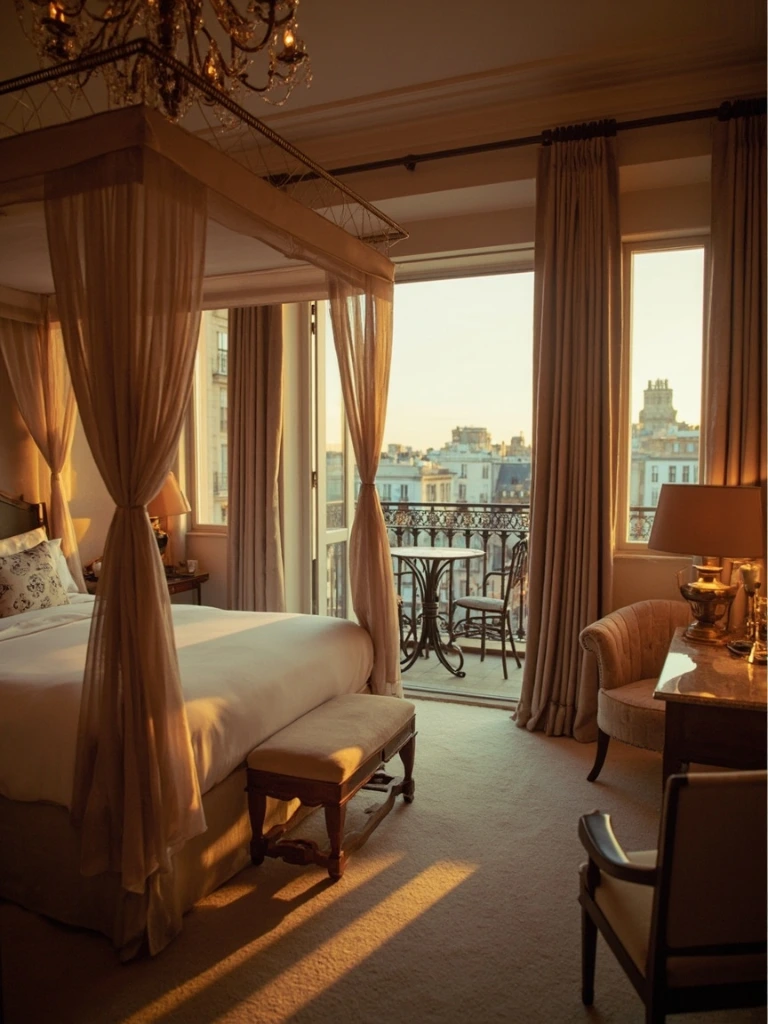 A Junior Suite with four-poster bed and a private city-view terrace