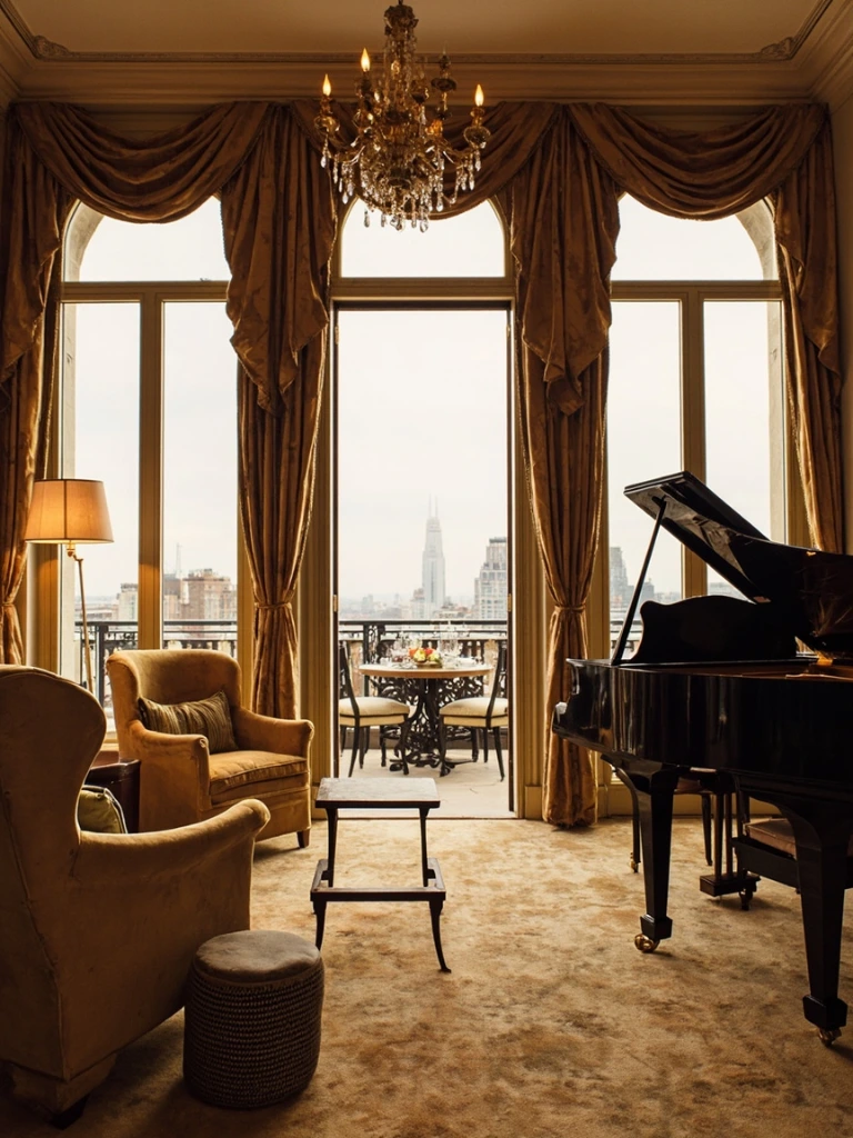 The Penthouse Suite with grand piano and skyline view through arched windows