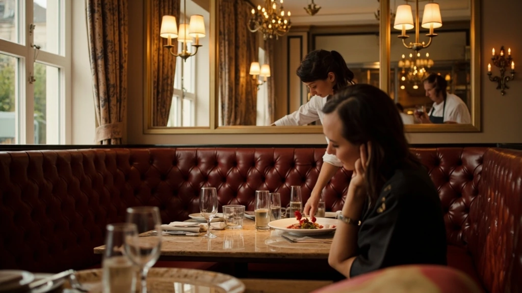 The dining room of Elysees Brasserie, oxblood banquettes and brass light fixtures